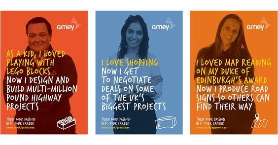 London-based sustainable infrastructure firm Amey used these creative ads to connect with their graduate pool, connecting the interests of graduates with potential career pathways. 